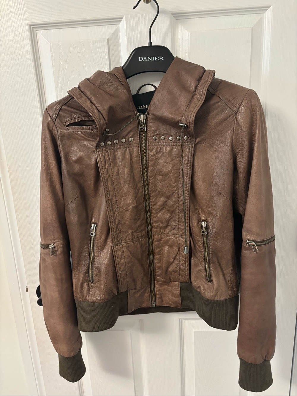 Danier Brown Leather Hooded Bomber with Stud Detail